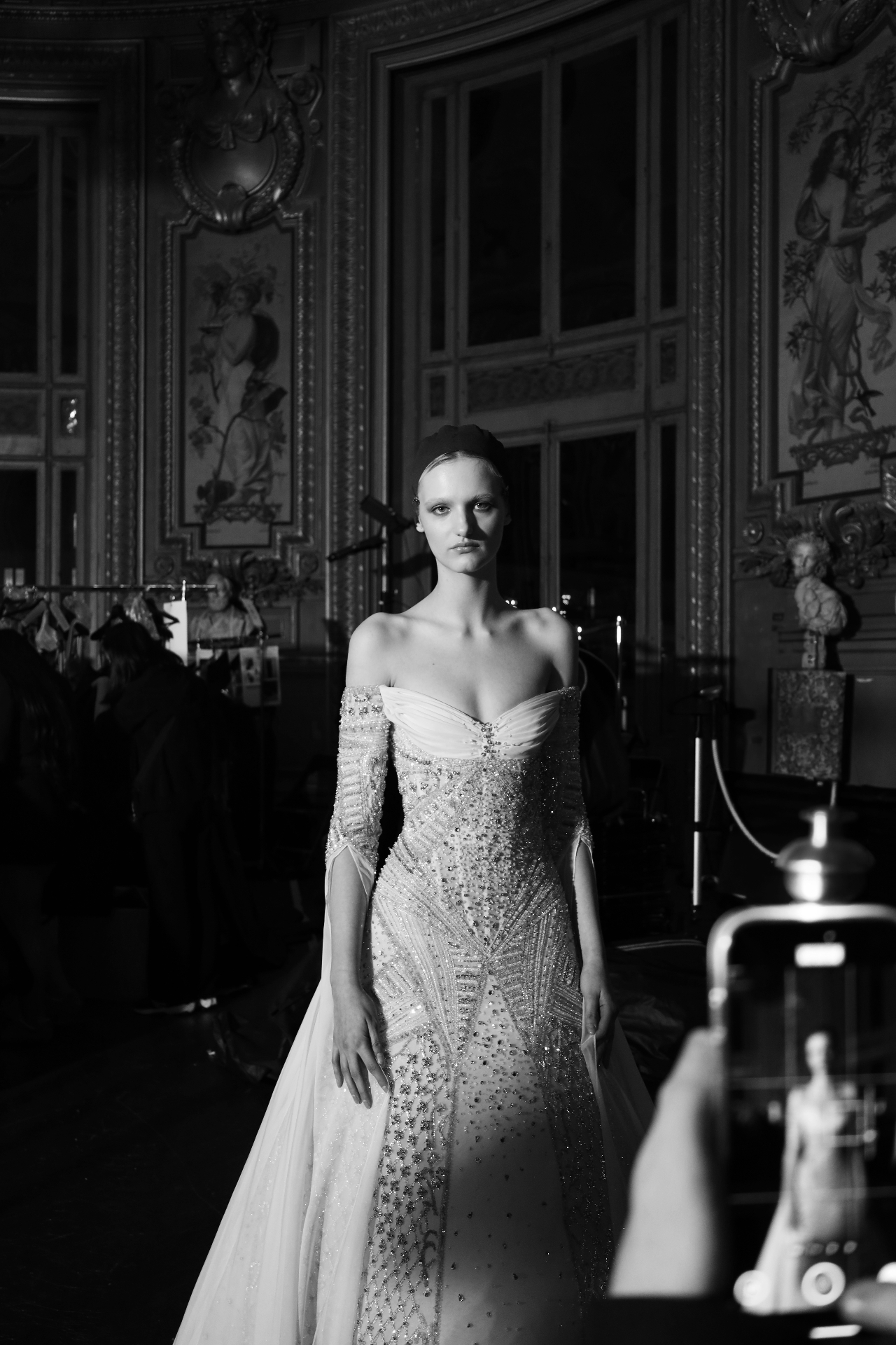 Beaded gown portrait in ornate salon