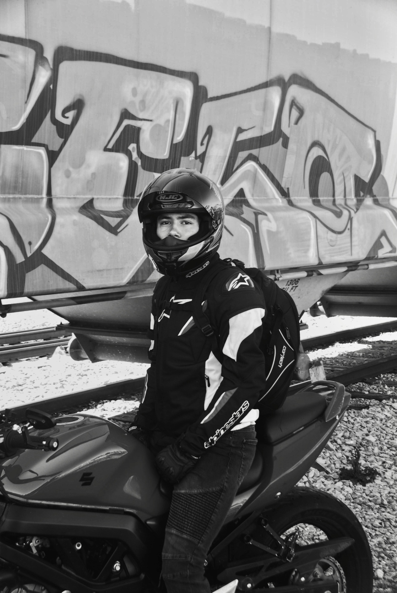Black and white motorcycle portrait