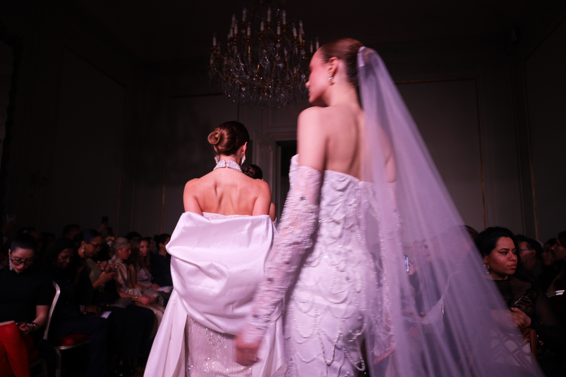 Bridal runway scene with veils and soft motion blur